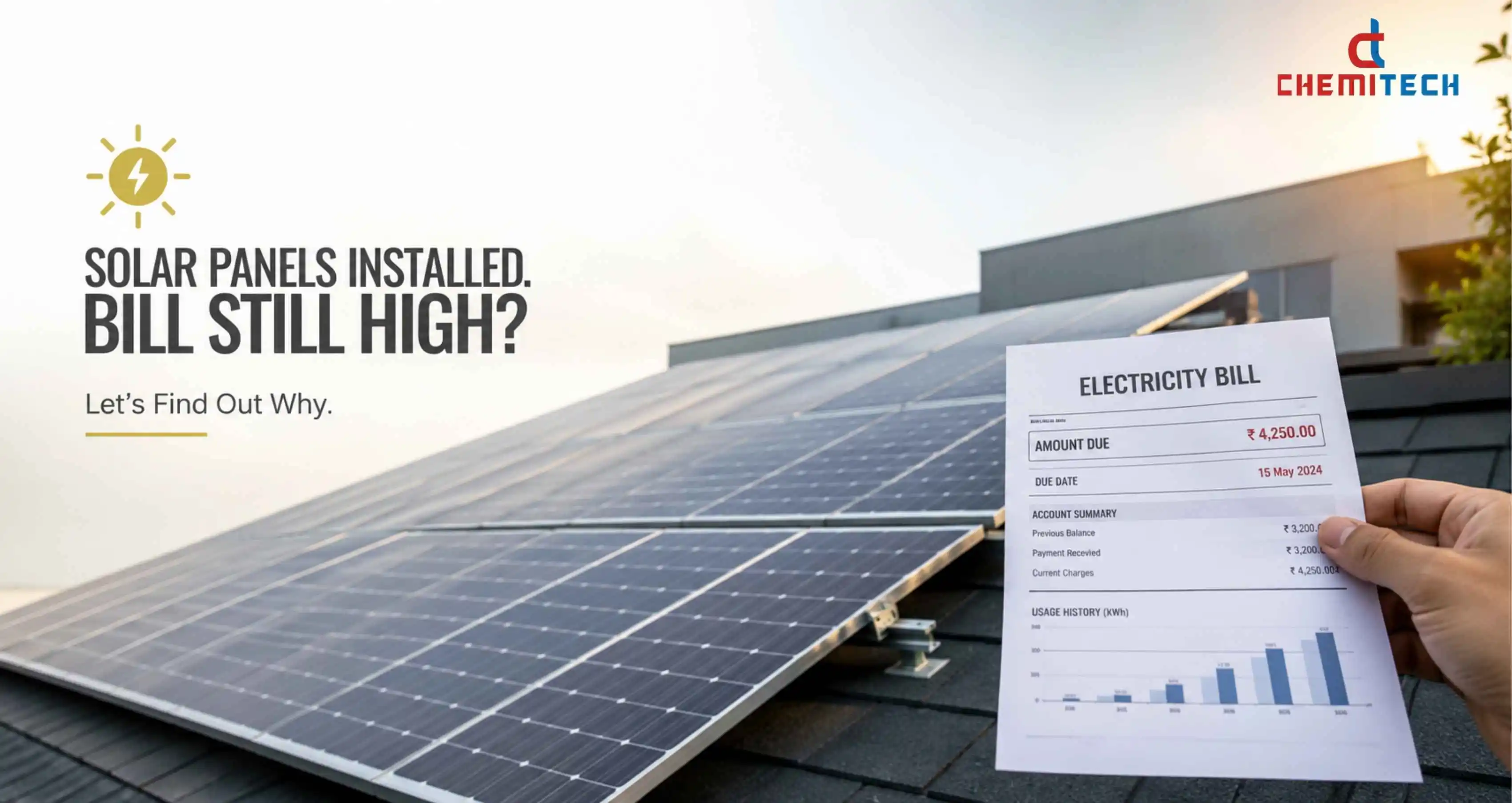 Why Is Your Electricity Bill Still High After Installing Solar Panels? High electricity bill after installing solar panels with rooftop solar system and electricity bill in hand